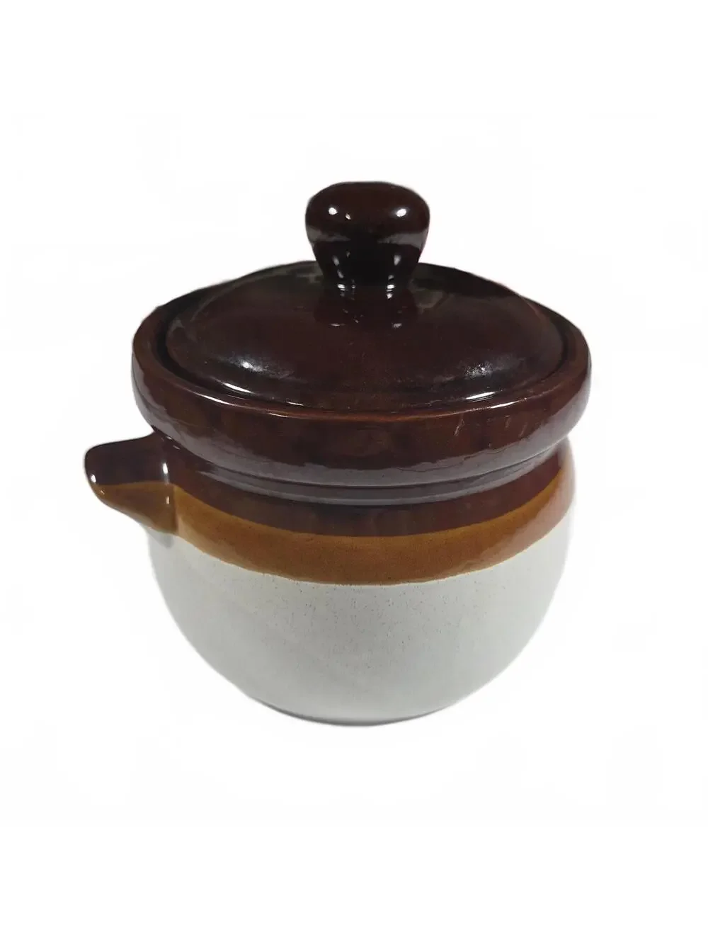 Vintage Ceramic Brown and Cream Covered Pot with Handles